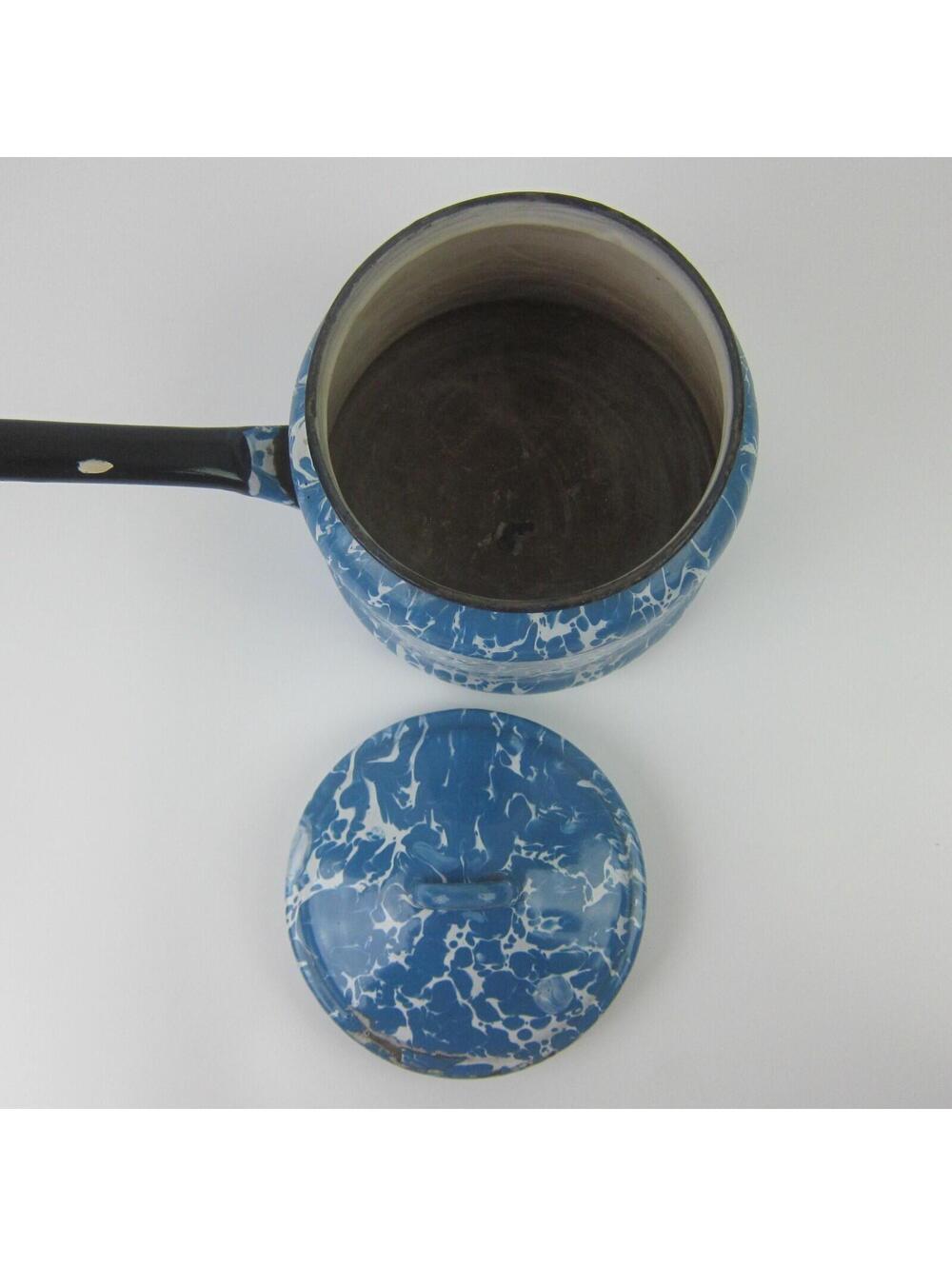 Antique Graniteware Enamelware Pot Blue & White Swirl with Lid Preserving Kettle - Picture 7 of 10